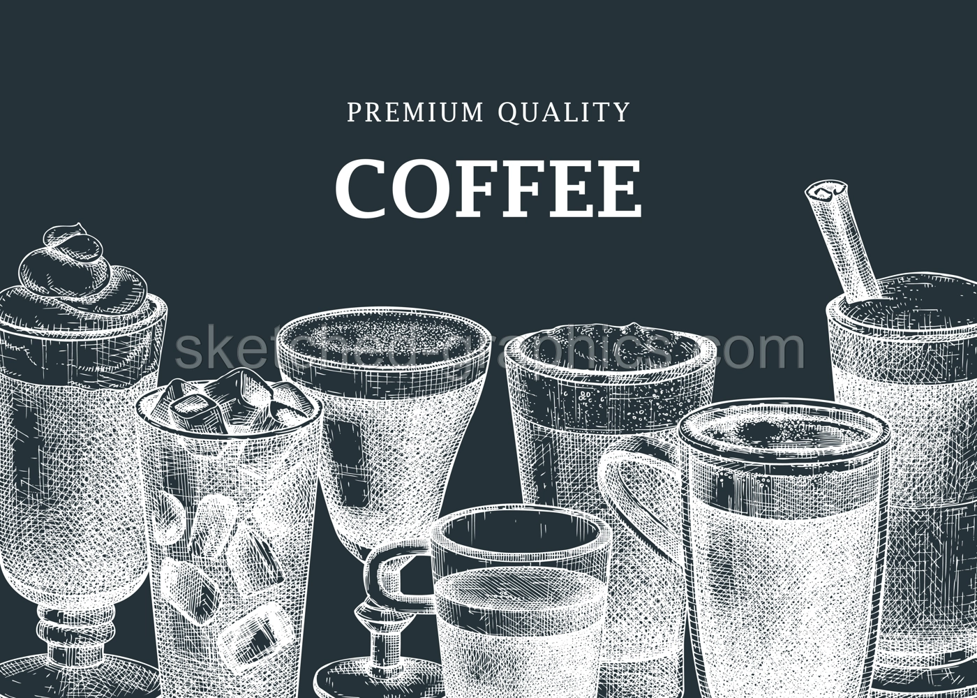Hand-sketched coffee banner design on chalkboard. Vector sketches of mugs with aromatic caffeine drinks. Vector beverages background for café, cafeteria, restaurant menu Illustration
